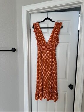 bp. Orange Polka Dot Midi Dress with smocked waist